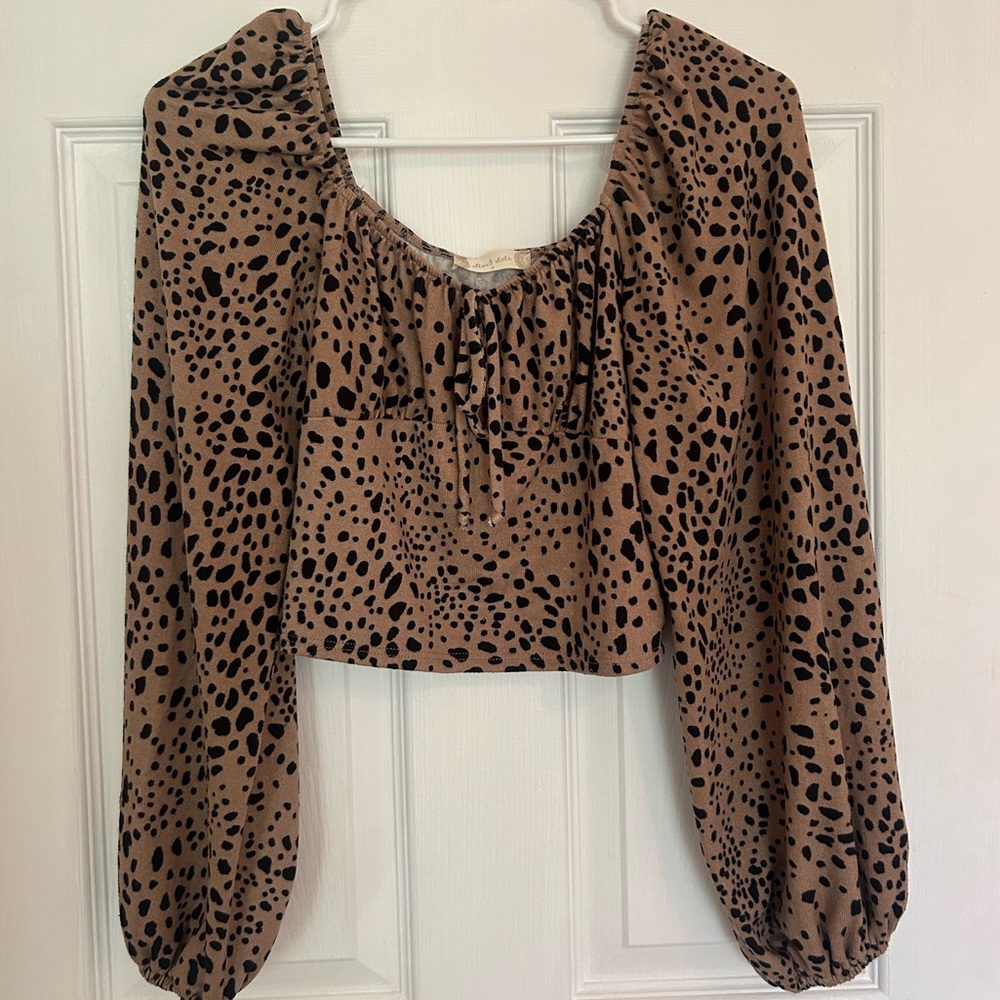 Brown Tan Puff Sleeve Crop Blouse